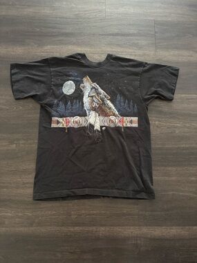Vintage 90s Wolf Indian Nature Imagi West Black T-shirt Sz XL Harlequin